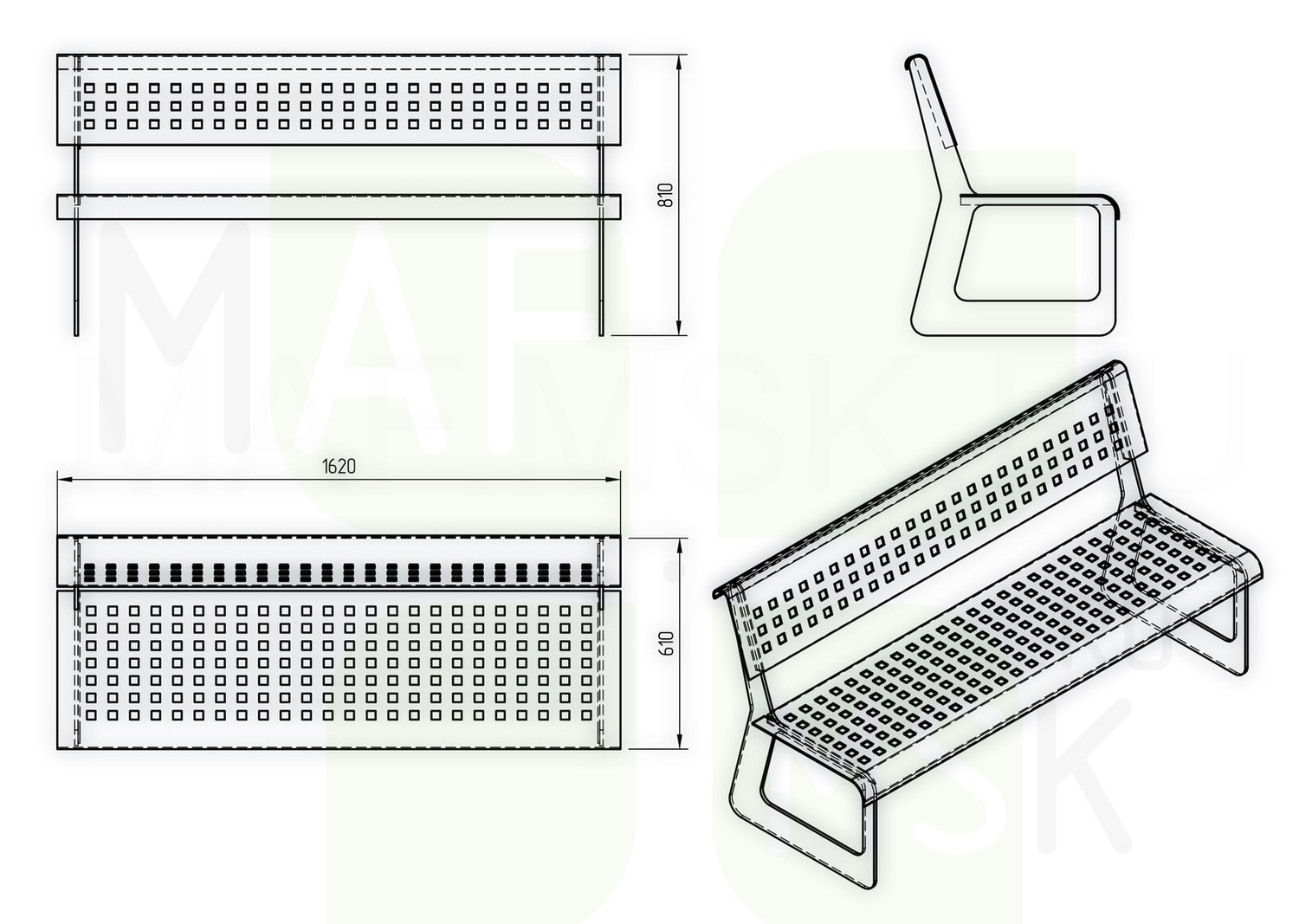 Bench perforated with back drawing v1