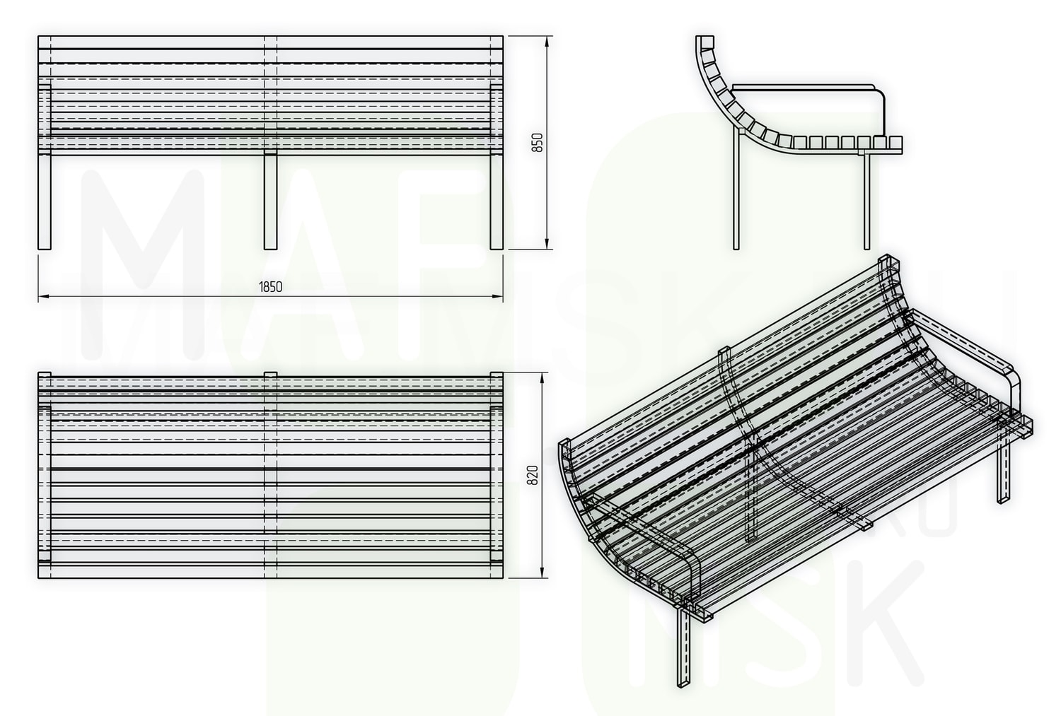 Bench with armrests drawing v1